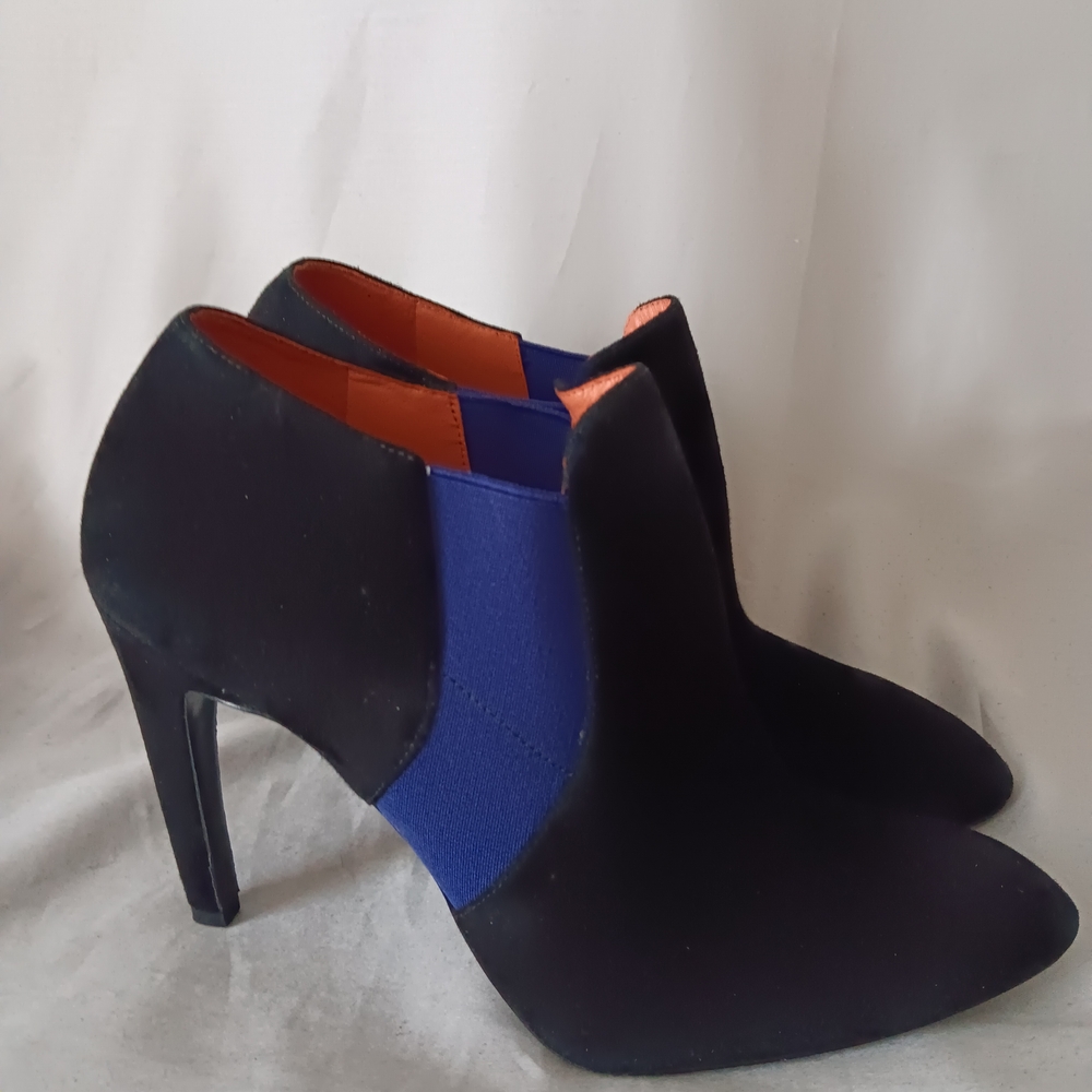 Via Spiga Black Suede Purple Fabric Ankle Boots Size 8.5 Stiletto Heel Booties